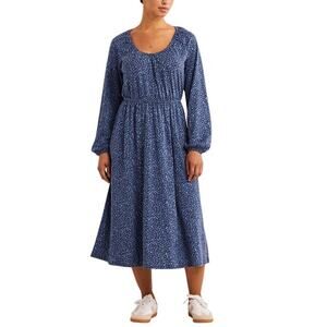 Boden Scoop Neck Jersey Midi Dress Riviera Blue Floral Elastic Waist Long Sleeve